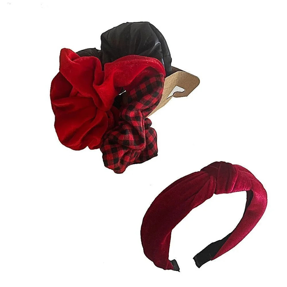 Nordstrom Velvet Knot Headband Scrunchie Hair Set Red Plaid